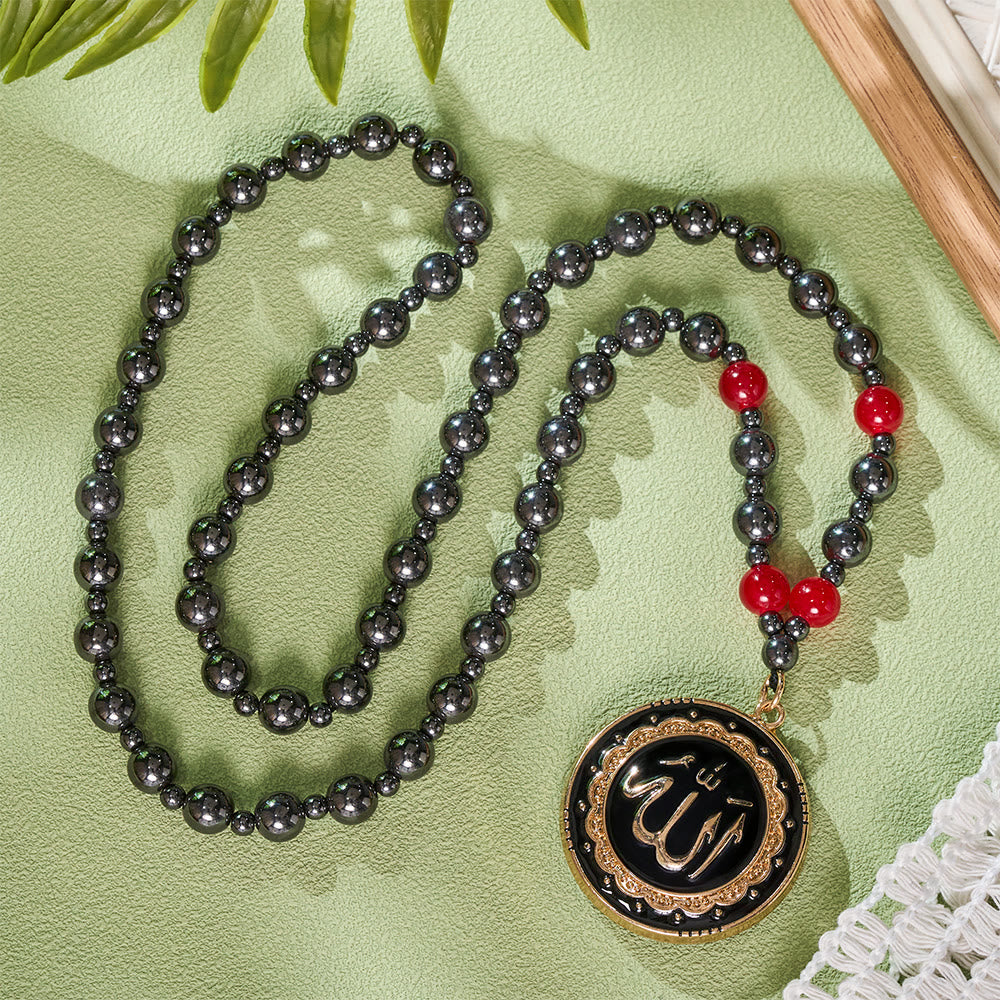 HilalHaven Circled Verse Serenity Allah Ornate Rim Enamel Calligraphy Medallion Beaded Necklace - image 2