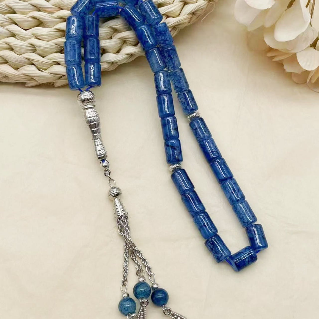 HilalHaven Rectilinear Cadence Textured Glass Tube 33 Beads Tasbih - Blue - image 6