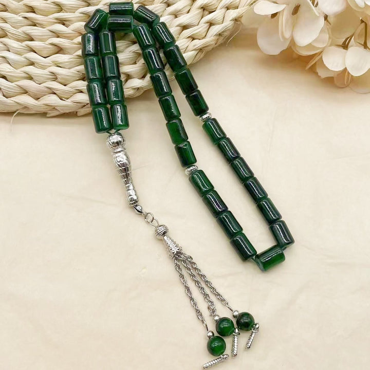 HilalHaven Rectilinear Cadence Textured Glass Tube 33 Beads Tasbih - Green - image 4