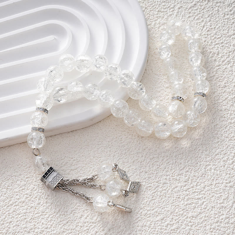 HilalHaven Crackled Spherical Cadence Veined Hand-Strung Glass 33 Beads Tasbih - White - image 5