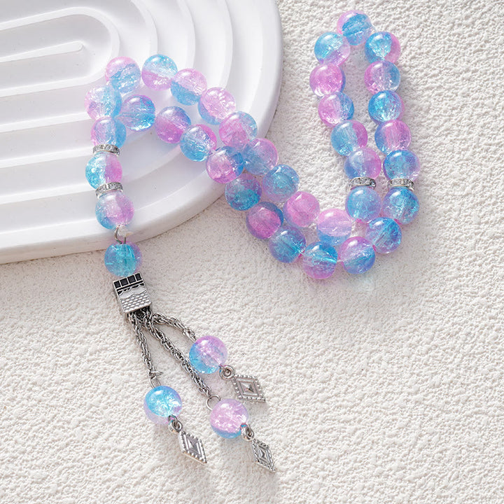 HilalHaven Crackled Spherical Cadence Veined Hand-Strung Glass 33 Beads Tasbih - Blue&amp;Pink - image 3