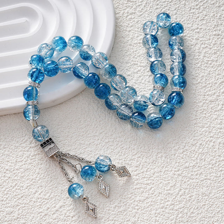 HilalHaven Crackled Spherical Cadence Veined Hand-Strung Glass 33 Beads Tasbih - Blue - image 0