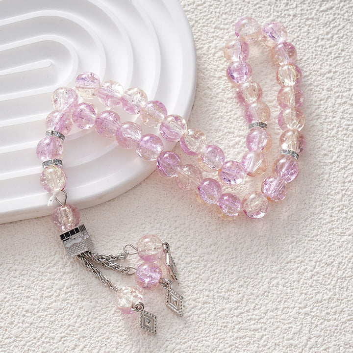 HilalHaven Crackled Spherical Cadence Veined Hand-Strung Glass 33 Beads Tasbih - Pink - image 2