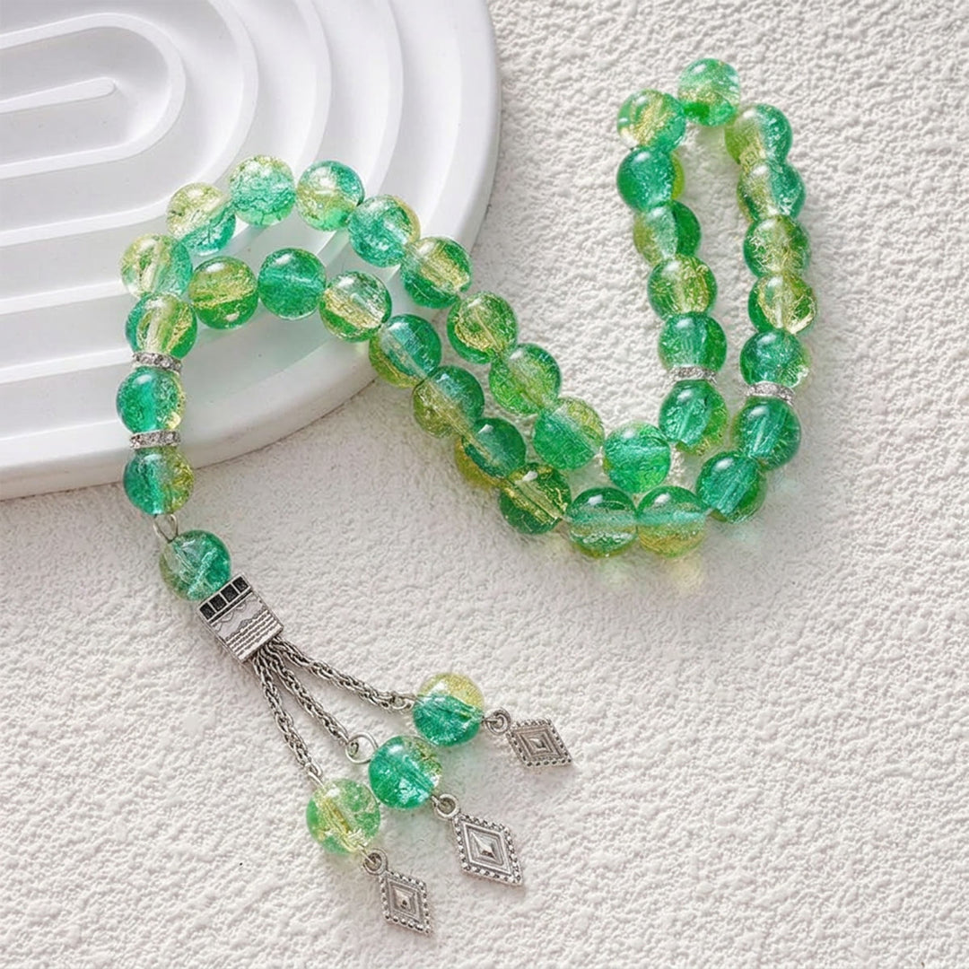 HilalHaven Crackled Spherical Cadence Veined Hand-Strung Glass 33 Beads Tasbih - Green - image 4