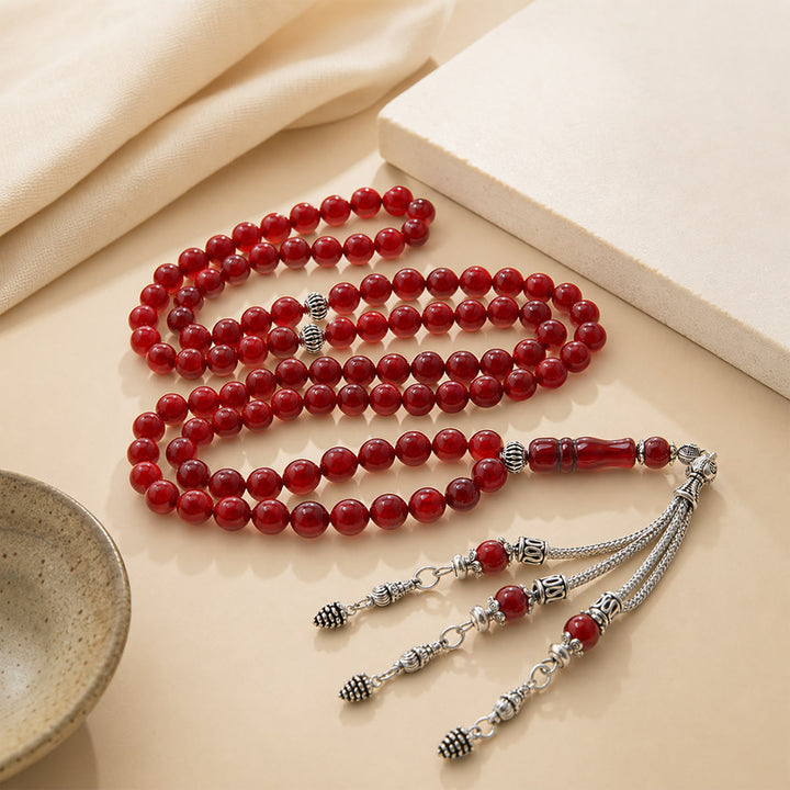 HilalHaven Polished Orbital Cadence Smooth Carnelian Hand-Strung Round 99 Beads Tasbih - Red - image 2
