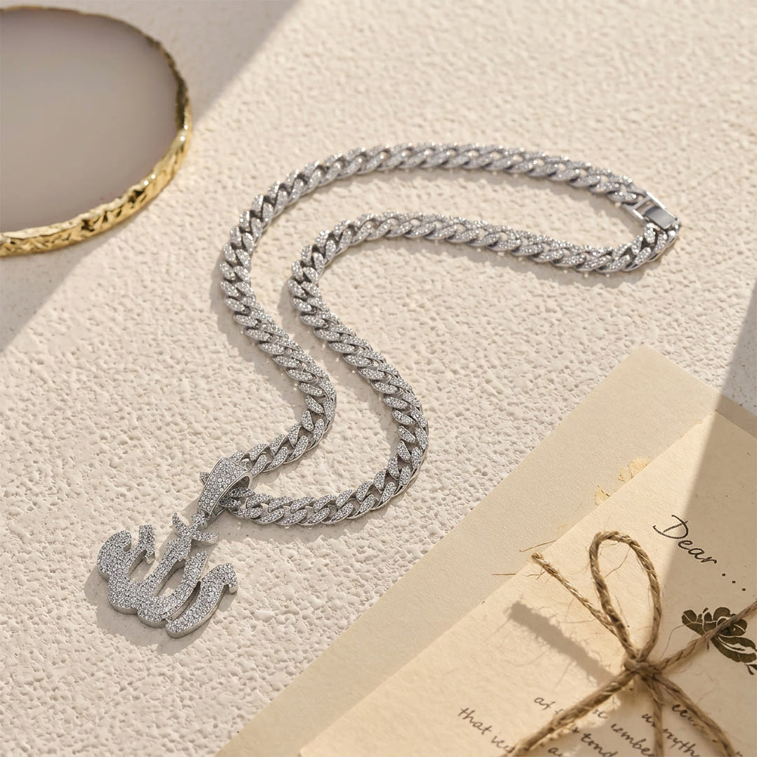 HilalHaven Fluid Calligraphic Emblem Pendant Allah Pavé Crystal Inlaid Stylized Letter Necklace - Silver - image 7