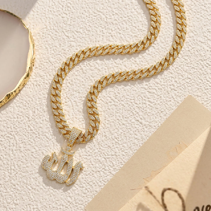HilalHaven Fluid Calligraphic Emblem Pendant Allah Pavé Crystal Inlaid Stylized Letter Necklace - Golden - image 3