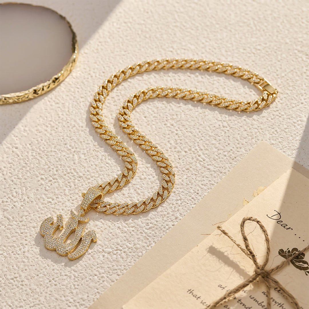 HilalHaven Fluid Calligraphic Emblem Pendant Allah Pavé Crystal Inlaid Stylized Letter Necklace - image 2