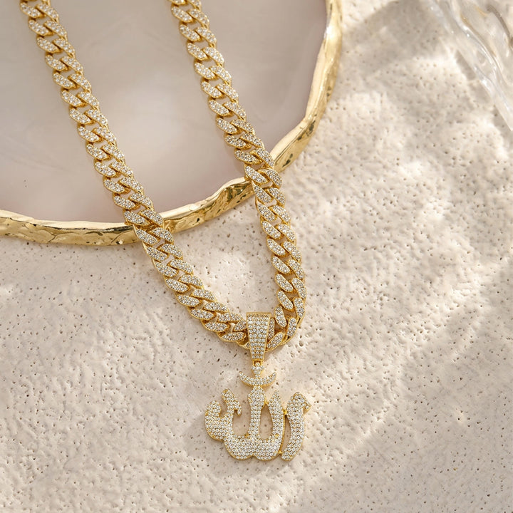 HilalHaven Fluid Calligraphic Emblem Pendant Allah Pavé Crystal Inlaid Stylized Letter Necklace - image 1