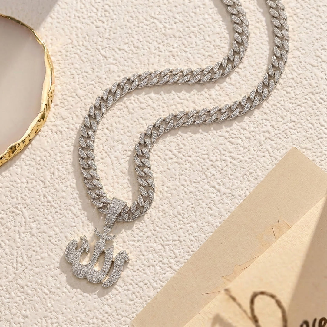 HilalHaven Fluid Calligraphic Emblem Pendant Allah Pavé Crystal Inlaid Stylized Letter Necklace - image 8