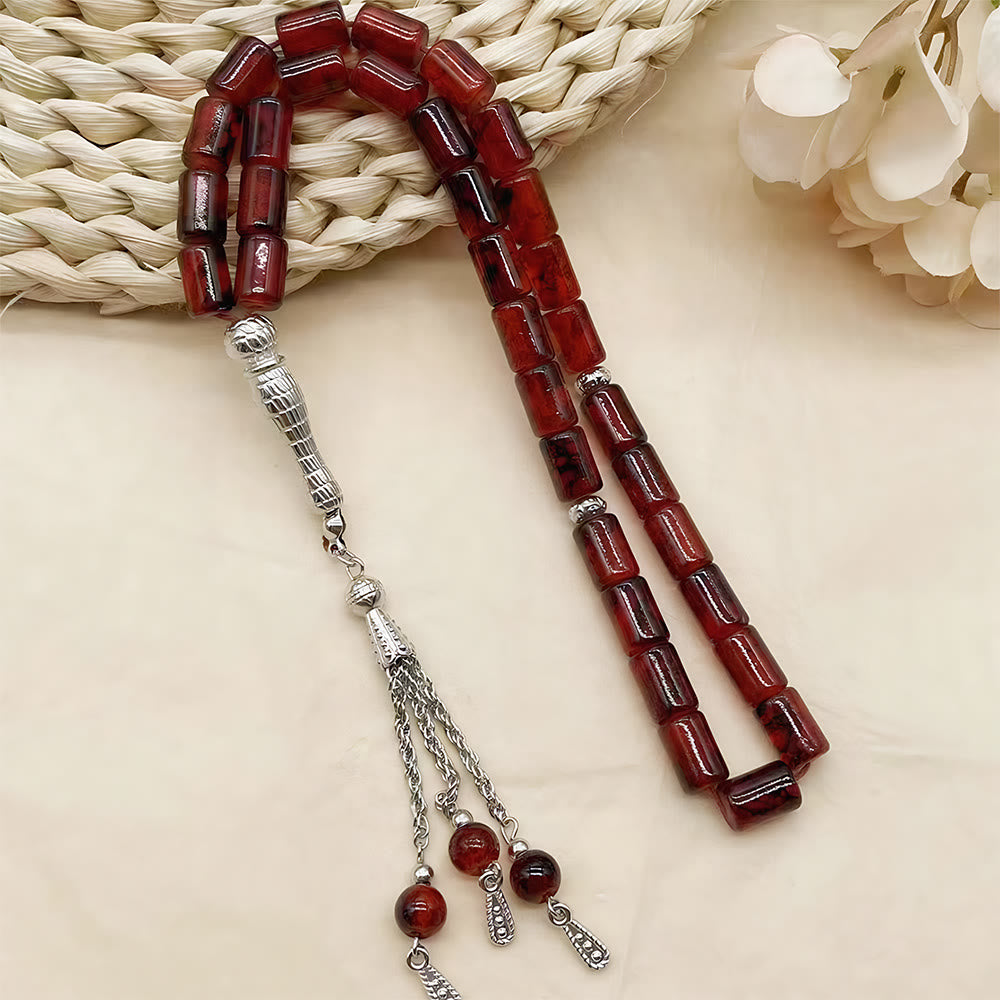 HilalHaven Rectilinear Cadence Textured Glass Tube 33 Beads Tasbih - Red - image 0