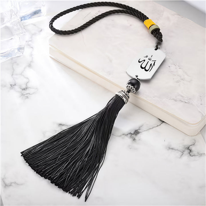HilalHaven Two-Face Allah Ayatul Kursi Pendant Tassel Charm Engraved Steel Rectangular Car Pendant - image 2