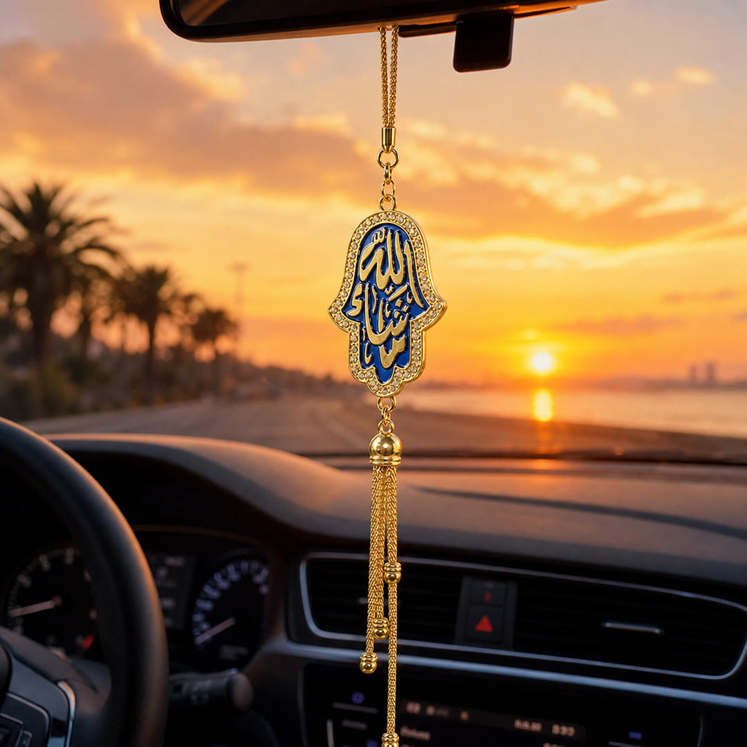 HilalHaven Circular Frame Lunar Detail Inscription Ornament Hand Assembled Crystal Car Pendant - image 2