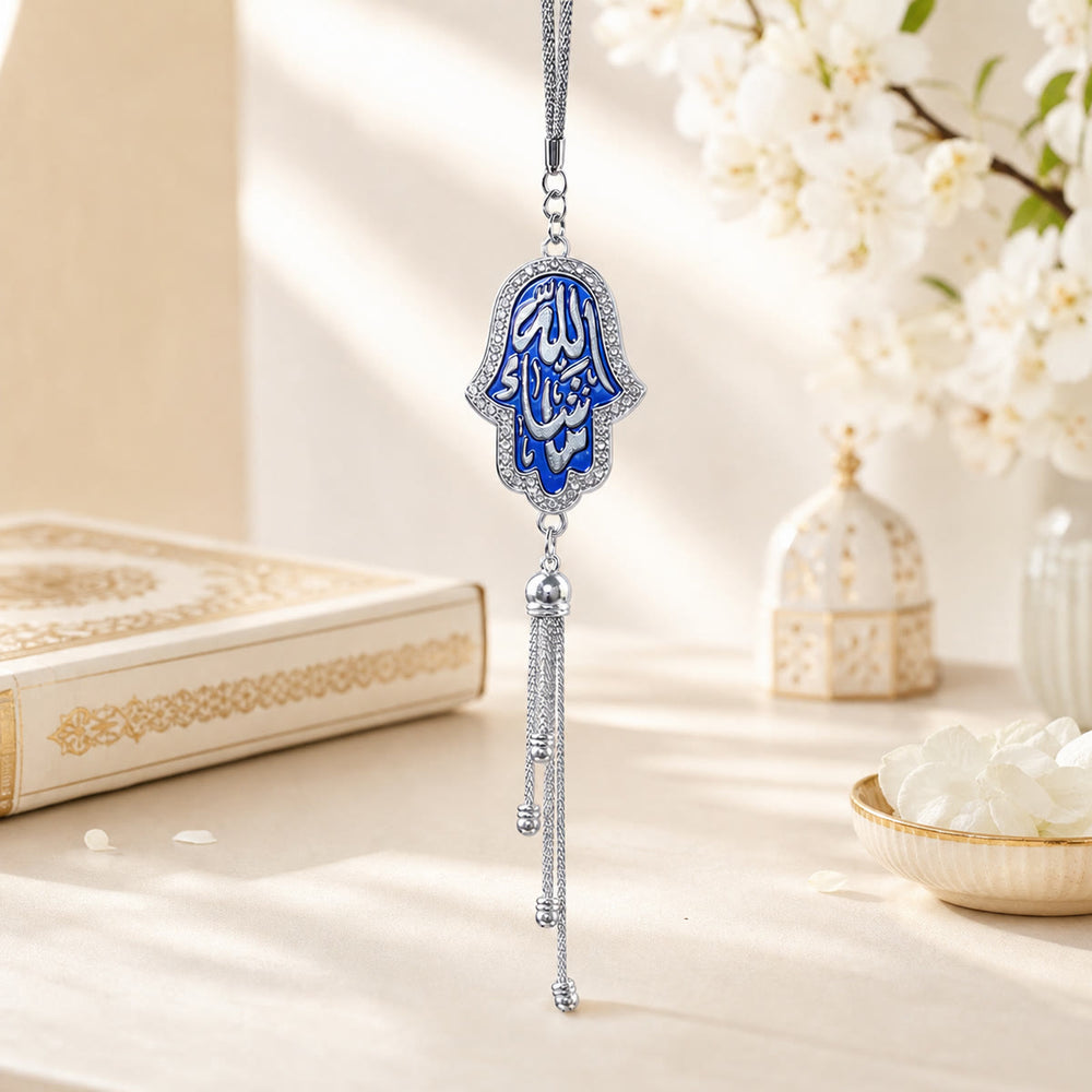 HilalHaven Circular Frame Lunar Detail Inscription Ornament Hand Assembled Crystal Car Pendant - Silver Frame&Blue Inlay - image 1