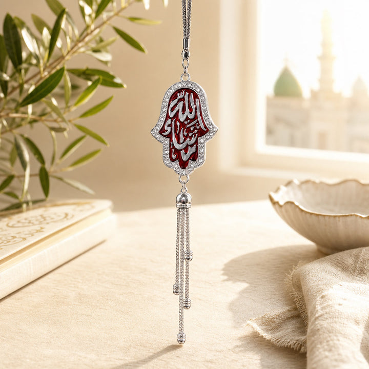 HilalHaven Circular Frame Lunar Detail Inscription Ornament Hand Assembled Crystal Car Pendant - Silver Frame&amp;Red Inlay - image 5