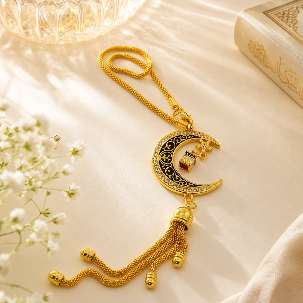 HilalHavenHilalHaven Crescent Mini Shrine Accent Strand Al-Kaaba Rhinestone Trim Alloy Car Pendant - Golden - image 1