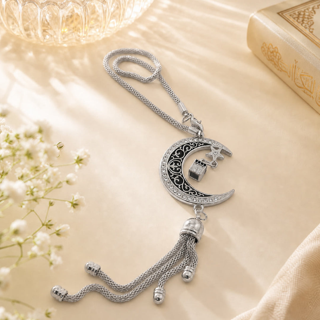 HilalHavenHilalHaven Crescent Mini Shrine Accent Strand Al-Kaaba Rhinestone Trim Alloy Car Pendant - Silver - image 3