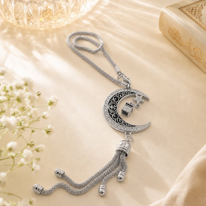HilalHavenHilalHaven Crescent Mini Shrine Accent Strand Al-Kaaba Rhinestone Trim Alloy Car Pendant - Silver - image 3