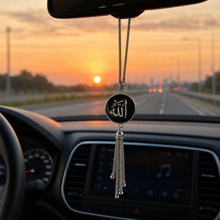 HilalHaven Plain Rim Centered Thuluth Inscription Tassel Accent Allah Polished Alloy Vehicle Interior Car Pendant - image 0