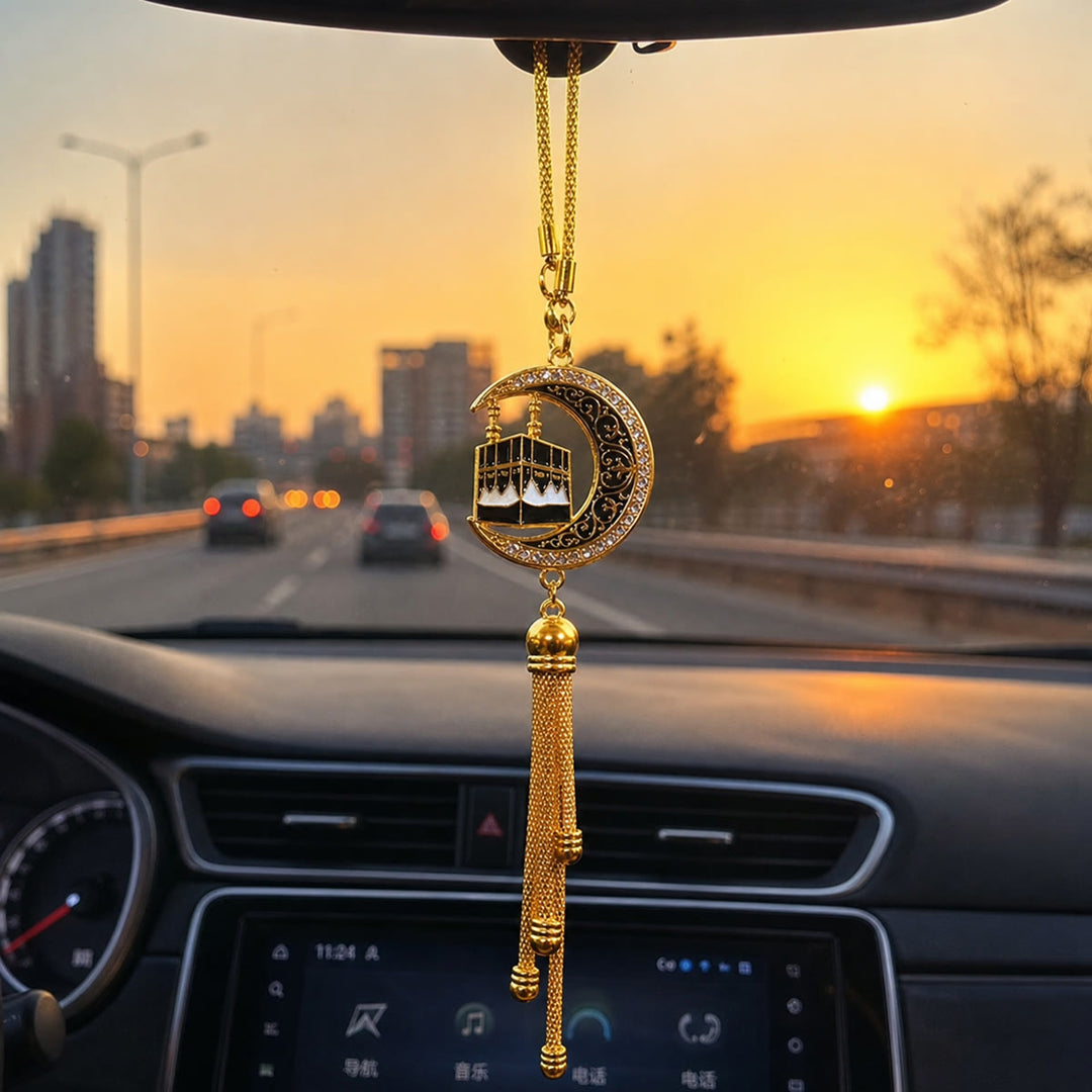 HilalHaven Journey Crescent &amp; Holy Kaaba Suspended Tassel Ornament Premium Devotion Travel Keepsak Car Pendant - image 0