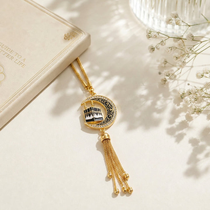 HilalHaven Journey Crescent &amp; Holy Kaaba Suspended Tassel Ornament Premium Devotion Travel Keepsak Car Pendant - Golden - image 1