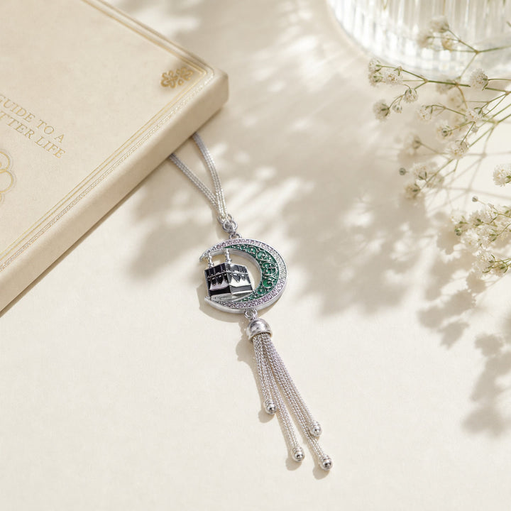 HilalHaven Journey Crescent &amp; Holy Kaaba Suspended Tassel Ornament Premium Devotion Travel Keepsak Car Pendant - Silver - image 3