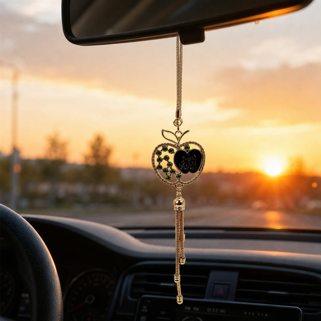 HilalHaven Apple Silhouette Heart Script Tassel Strand Rhinestone Inlaid Alloy Car Pendant - image 2