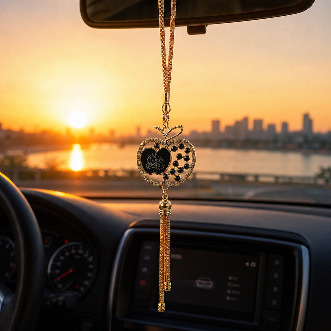 HilalHaven Apple Silhouette Heart Script Tassel Strand Rhinestone Inlaid Alloy Car Pendant - image 0