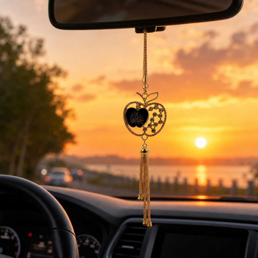 HilalHaven Apple Silhouette Heart Script Tassel Strand Rhinestone Inlaid Alloy Car Pendant - image 4