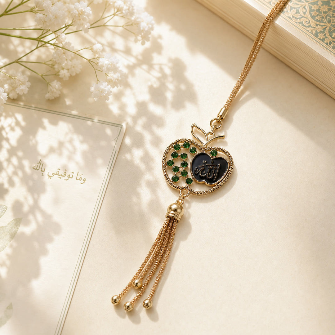 HilalHaven Apple Silhouette Heart Script Tassel Strand Rhinestone Inlaid Alloy Car Pendant - Green - image 3