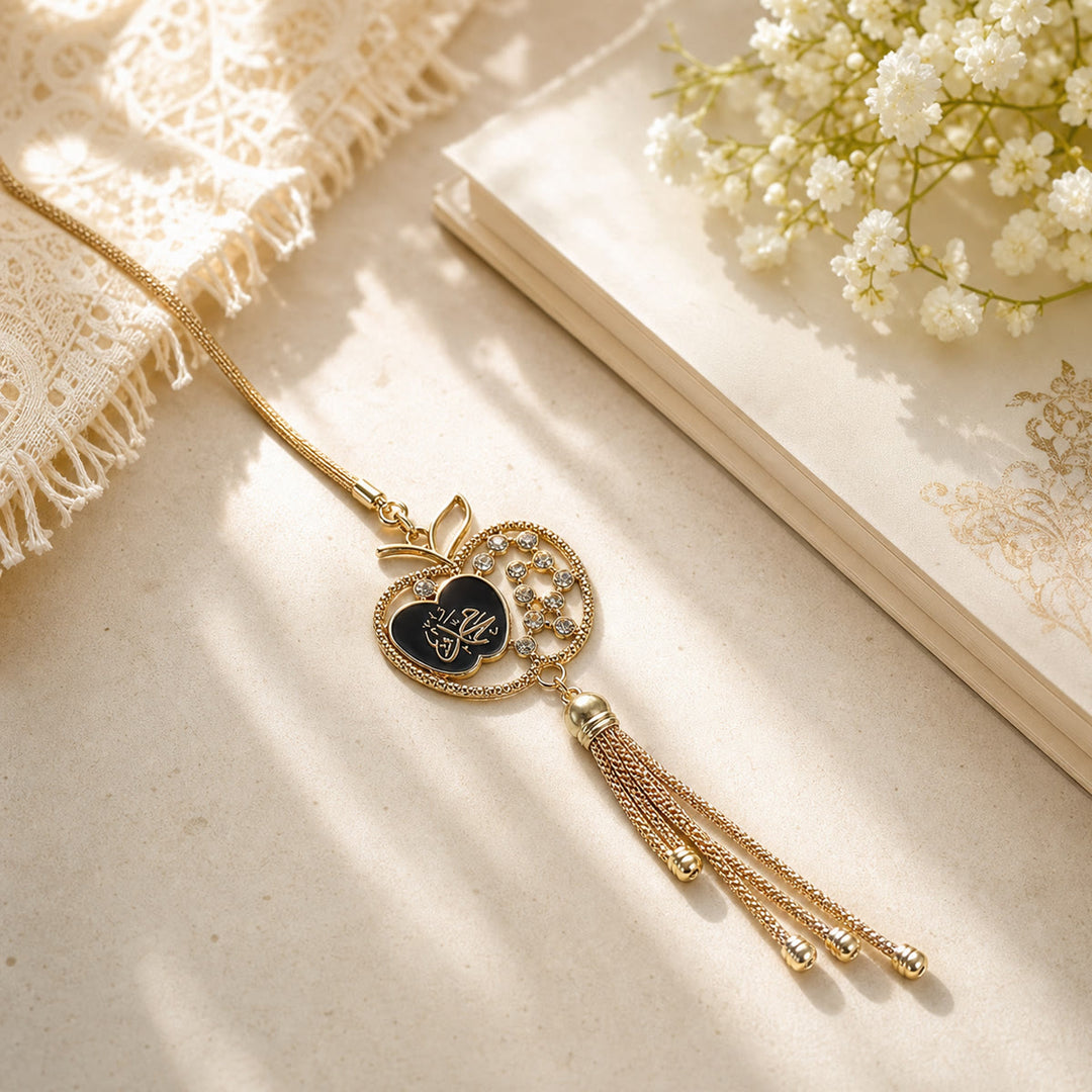 HilalHaven Apple Silhouette Heart Script Tassel Strand Rhinestone Inlaid Alloy Car Pendant - White - image 5