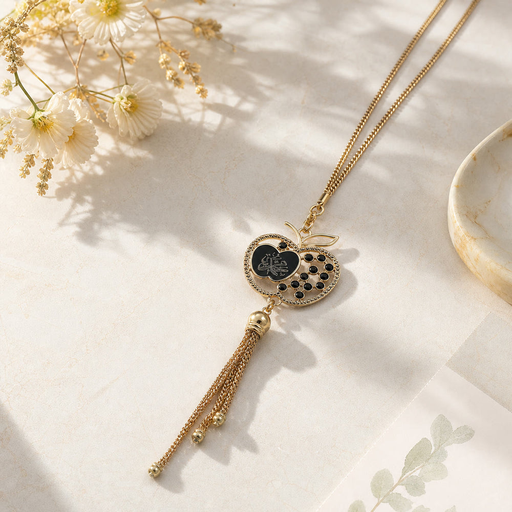 HilalHaven Apple Silhouette Heart Script Tassel Strand Rhinestone Inlaid Alloy Car Pendant - Black - image 1