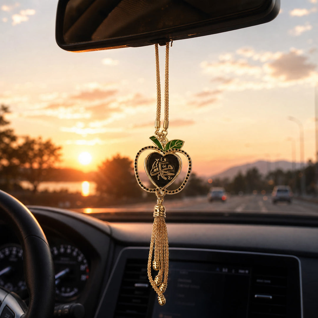 HilalHaven Gem Edged Fruit Shape Heart Thuluth Allah Tassel Accent Car Pendant - image 0