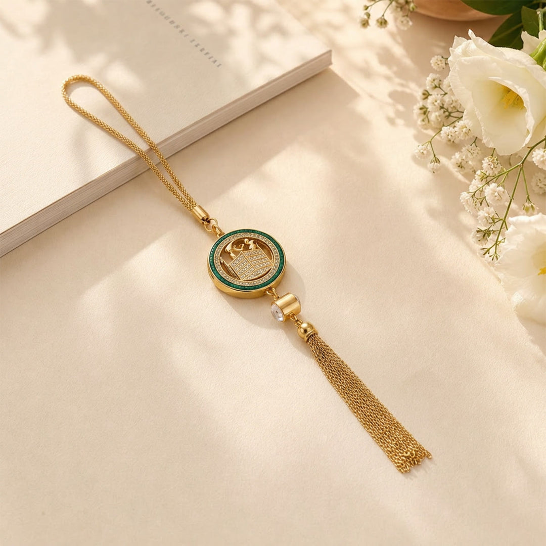 HilalHaven Round Frame Historic Mosque Pendant Tassel Charm Car Pendant - Golden - image 3