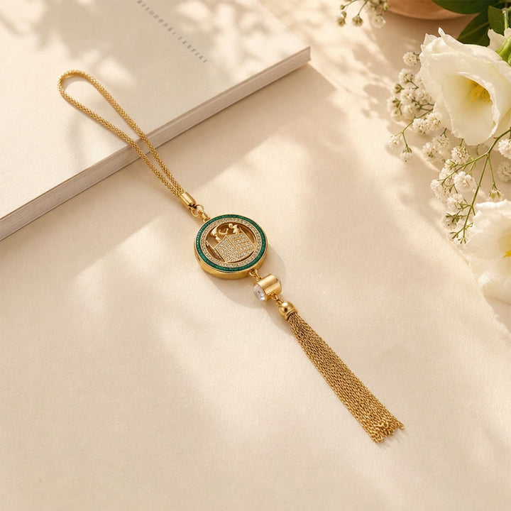 HilalHaven Round Frame Historic Mosque Pendant Tassel Charm Car Pendant - Golden - image 3