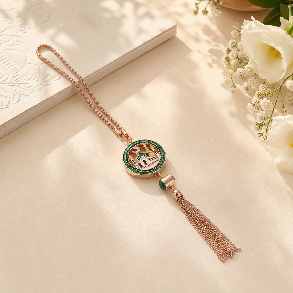 HilalHaven Round Frame Historic Mosque Pendant Tassel Charm Car Pendant - Rose Golden - image 1