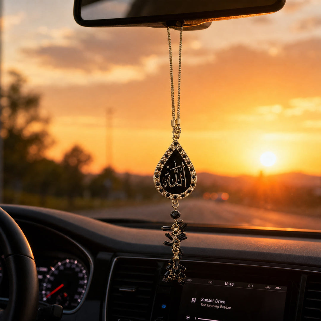 HilalHaven Teardrop Silhouette Praise Phrase Rhinestone Trim Alloy Car Pendant - image 0