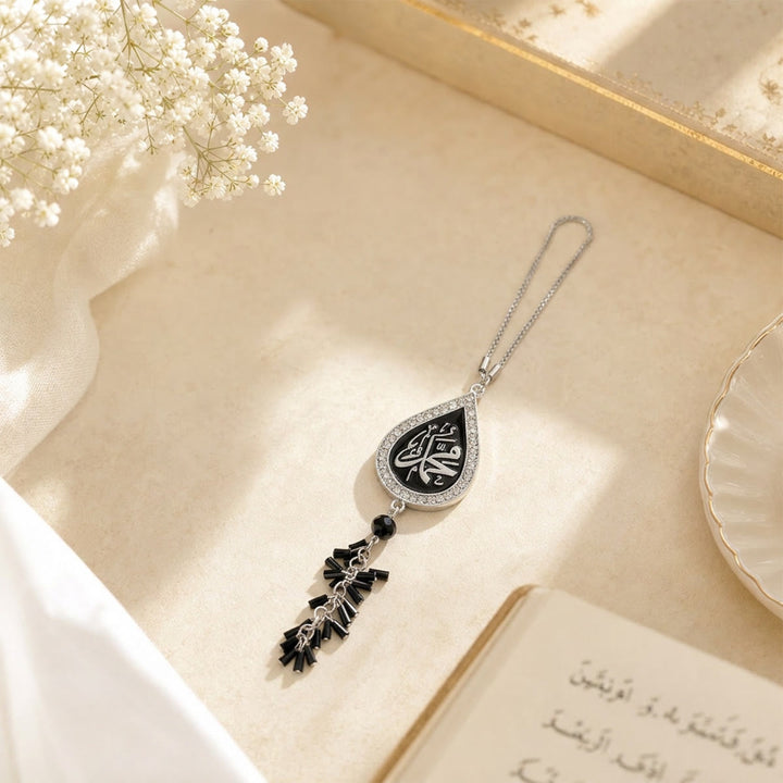 HilalHaven Teardrop Silhouette Praise Phrase Rhinestone Trim Alloy Car Pendant - Silver-Black - image 3