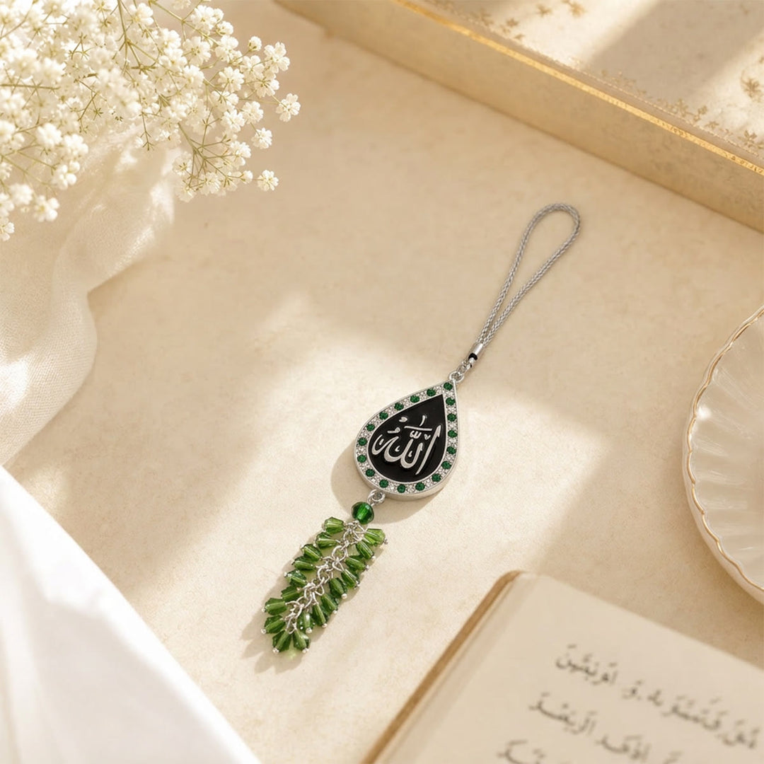 HilalHaven Teardrop Silhouette Praise Phrase Rhinestone Trim Alloy Car Pendant - Silver-Green - image 7