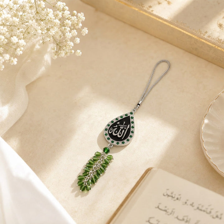 HilalHaven Teardrop Silhouette Praise Phrase Rhinestone Trim Alloy Car Pendant - Silver-Green - image 7