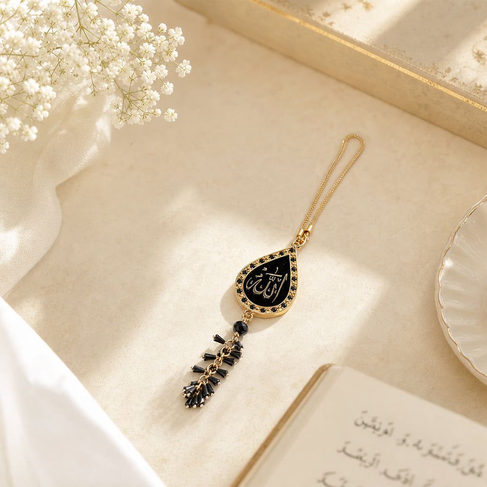 HilalHaven Teardrop Silhouette Praise Phrase Rhinestone Trim Alloy Car Pendant - Golden-Black - image 1