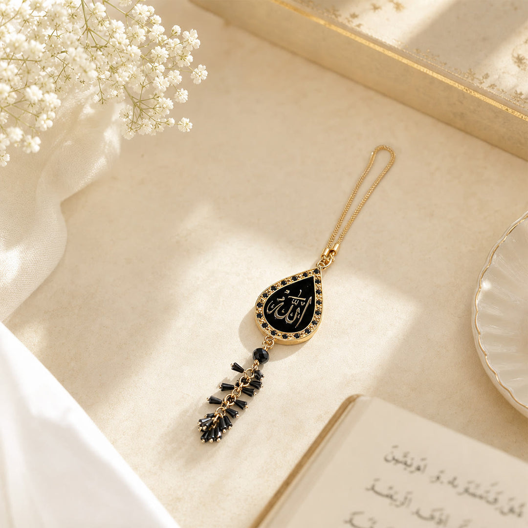 HilalHaven Teardrop Silhouette Praise Phrase Rhinestone Trim Alloy Car Pendant - Golden-Black - image 1