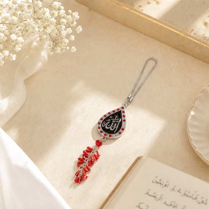 HilalHaven Teardrop Silhouette Praise Phrase Rhinestone Trim Alloy Car Pendant - Silver-Red - image 9