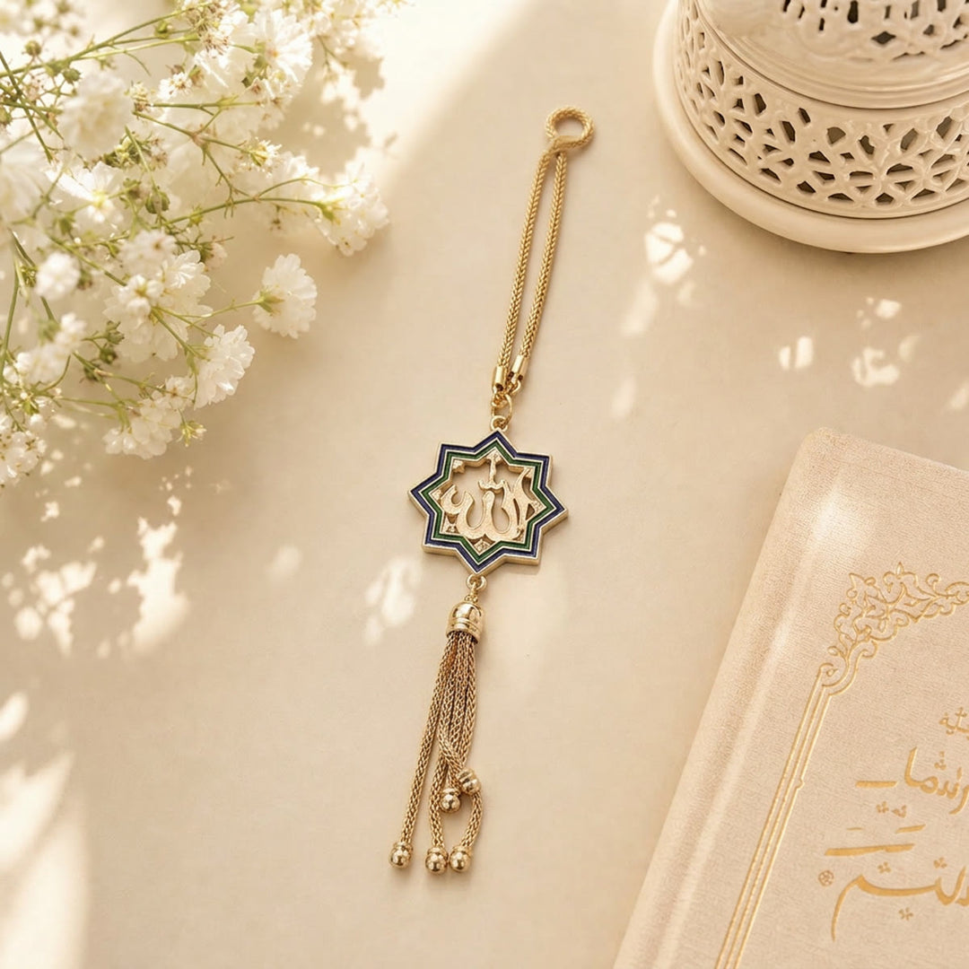 HilalHaven Islamic Star Framed Thuluth Allah Script Tassel Enamel Inset Alloy Car Pendant - Black - image 3