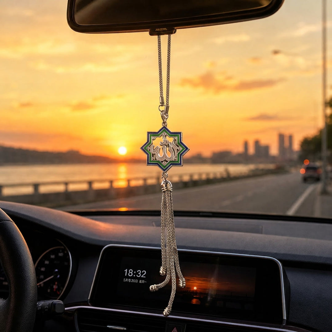 HilalHaven Islamic Star Framed Thuluth Allah Script Tassel Enamel Inset Alloy Car Pendant - image 4