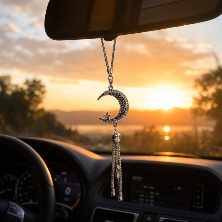 HilalHaven Lunar-Vine Celestial Accent Tassel Rhinestone Rim Alloy Car Pendant - image 0