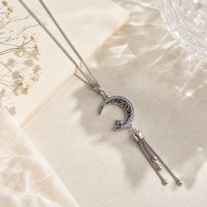 HilalHaven Lunar-Vine Celestial Accent Tassel Rhinestone Rim Alloy Car Pendant - unar-Vine Celestial Accent Car Pendant - image 1