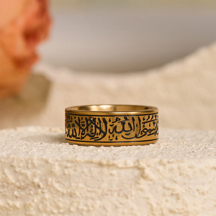 HilalHaven Devotion Shahada Engraved Spinner Ring — Polished Titanium Steel - Gold Ring with Black Lettering - US11 - image 7