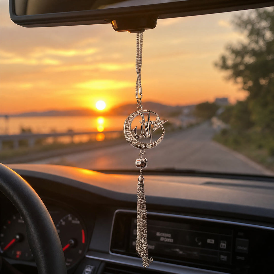 HilalHaven Rhinestone Crescent Inner Letter Tassel Car Charm Alloy RearviewCar Pendant - image 0