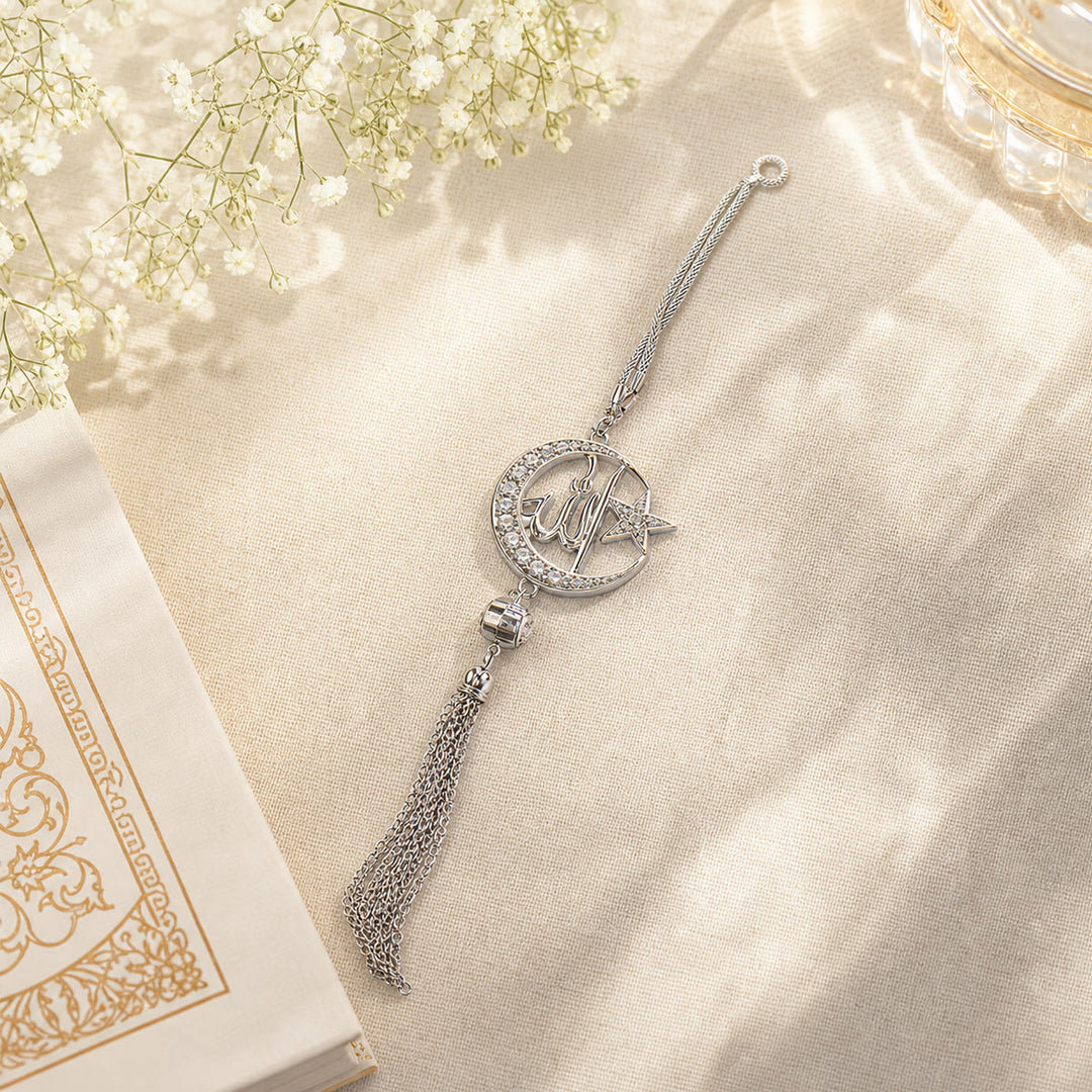 HilalHaven Rhinestone Crescent Inner Letter Tassel Car Charm Alloy RearviewCar Pendant - Silver Allah Crescent - image 1